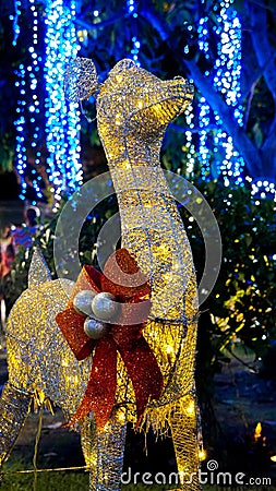 Vertical closeup shot of a cute glowing yellow reindeer with a red ribbon in a park during Christmas Editorial Stock Photo