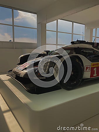 Vertical closeup shot of a Porsche 919 Hybrid Le Mans car in a museum in Dortmund, Germany Editorial Stock Photo