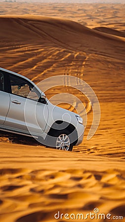 Vertical closeup of a silver Jeep driving on the sand in a yellow dessert on a sunny day Editorial Stock Photo