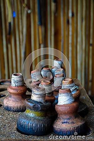 Vertical closeup of traditional Turkish hookah clay bowls Stock Photo
