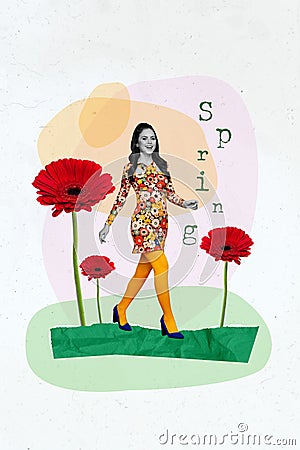 Vertical collage banner picture young fabulous dress lady walk warm spring day flowers lawn garden park nature awakening Stock Photo