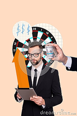 Vertical collage creative illustration handsome businesslike young man leader corporate office outfit make money target Cartoon Illustration