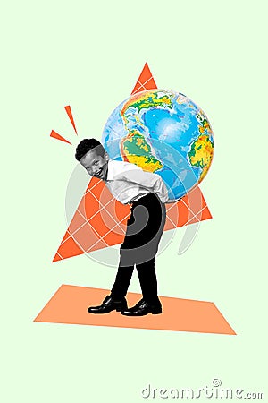 Vertical collage creative poster black white effect little smart diligent boy hold large globe carry walk geography Stock Photo