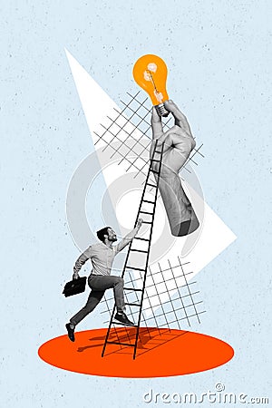 Vertical collage design of successful formalwear businessman climb upstairs climb ladder startup lightbulb isolated on Stock Photo