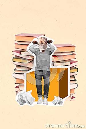 Vertical collage of head animal absurd cow surrealism hands head confused stupid student no time reading books isolated Stock Photo