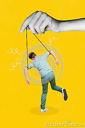 Vertical collage illustration of huge human arm black white effect hold strings miniature puppet guy isolated on Cartoon Illustration