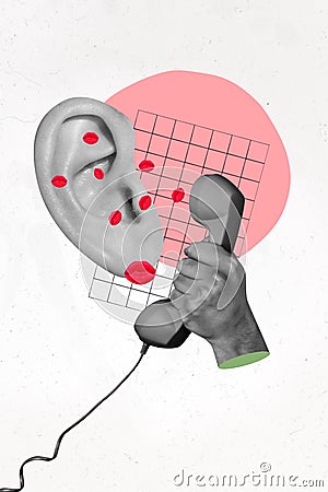 Vertical collage illustration of human arm black white gamma hold telephone big ear listen send lips kiss isolated on Cartoon Illustration