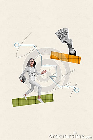 Vertical collage illustration image running cheerful business woman hold laptop arrangement retro arm cash dollars rich Cartoon Illustration