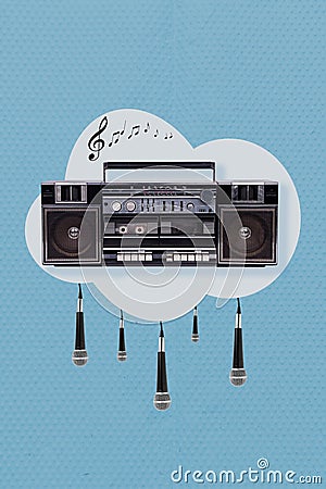 Vertical collage illustration of vintage boombox hanging microphones cloud isolated on painted background Cartoon Illustration