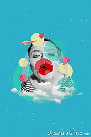 Vertical collage image of black white effect girl kiss flower cover lips flying paper plane clouds sky isolated on blue Stock Photo