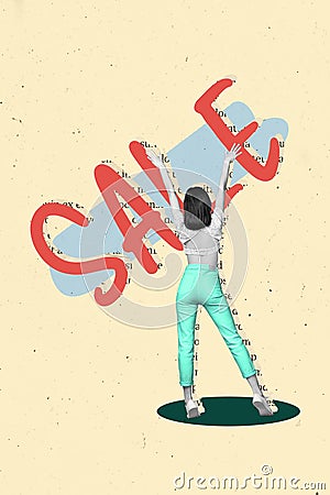 Vertical collage image of black white effect girl raise hands sale super proposition isolated on drawing beige Stock Photo