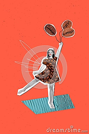 Vertical collage image of excited black white effect girl dress hold coffee grain balloons flying isolated on red Stock Photo