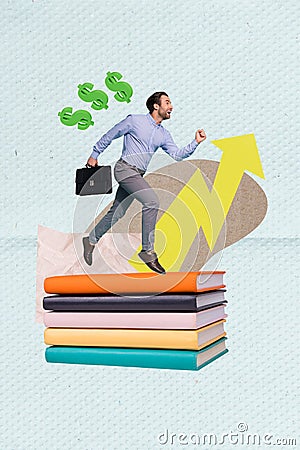 Vertical collage image of excited mini guy hold briefcase run big pile stack book growing arrow upwards dollar money Stock Photo