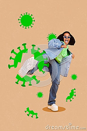 Vertical collage image of excited positive girl leg kick destroy virus bacteria influenza isolated on painted background Stock Photo