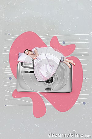 Vertical collage image of mini girl sleeping big photo camera instead bed on painted creative background Stock Photo
