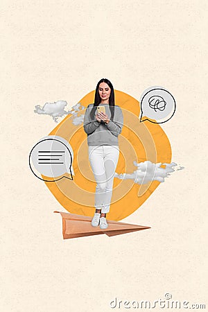 Vertical collage image of mini girl stand huge paper plane use smart phone chatting dialogue bubble clouds sky isolated Stock Photo