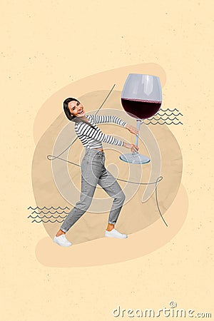 Vertical collage image of mini overjoyed girl arms hold huge wine glass isolated on drawing beige background Stock Photo