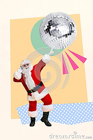 Vertical collage image of positive cheerful mini santa dancing arm finger touch big disco ball isolated on creative Stock Photo