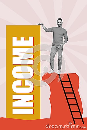 Vertical collage image of positive successful guy black white effect climb ladder hand measure income size height Stock Photo