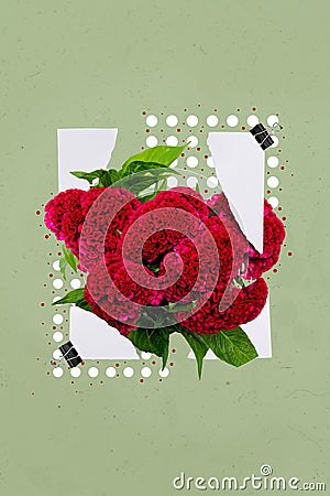 Vertical collage image of torn paper list bouquet fresh flowers isolated on creative painted background Stock Photo