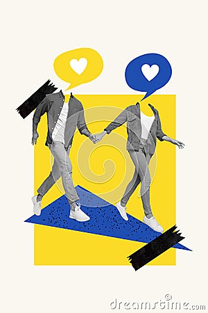 Vertical collage image of two black white gamma people hold arms run like dialogue heart bubble instead head support Stock Photo