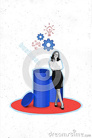 Vertical collage of minded smart mini black white effect girl brainstorming huge pile stack money coins cogwheel gear Stock Photo