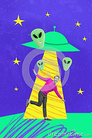 Vertical collage picture of aliens ufo spaceship abduct excited black white colors dancing guy painted night sky stars Stock Photo