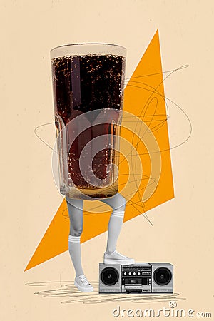 Vertical collage picture of big soda drink glass girl black white gamma legs boombox music isolated on creative beige Stock Photo