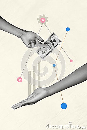 Vertical collage picture of black white colors arms hold give dollar banknote bill cogwheel gear isolated on paper Stock Photo