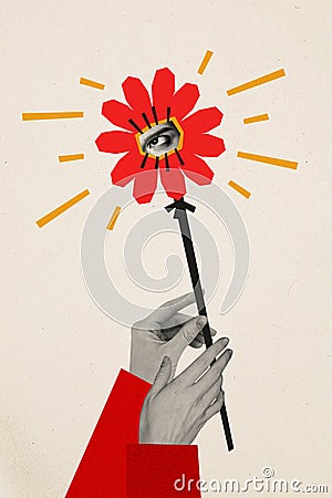 Vertical collage picture of black white colors arms hold magic wand flower watching eye inside isolated on painted Stock Photo