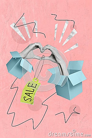 Vertical collage picture of black white colors arms inside open box show heart symbol sale special offer isolated on Stock Photo