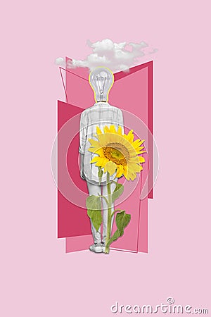 Vertical collage picture of black white colors mini person light bulb instead head clouds big sunflower isolated on pink Stock Photo