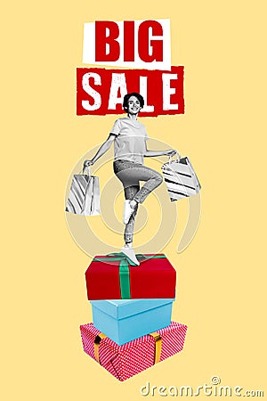 Vertical collage picture of cheerful mini black white colors girl hold shop bags stand pile stack giftbox big sale Stock Photo
