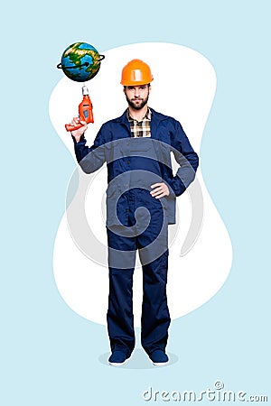 Vertical collage picture of construction worker hand hold drill mini planet earth globe on creative background Stock Photo