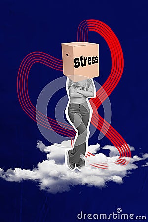Vertical collage picture of headless surreal stressed package woman folded hands bad mood upset overload isolated on Stock Photo
