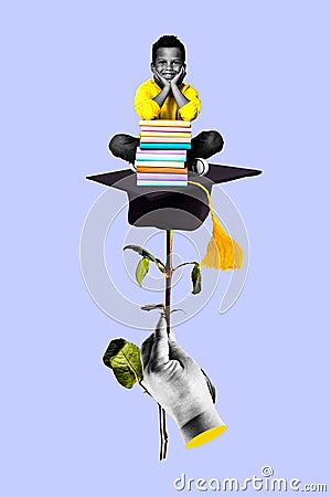 Vertical collage picture illustration little boy sit hand hold big rose mortarboard book excited graduate abstract art Cartoon Illustration