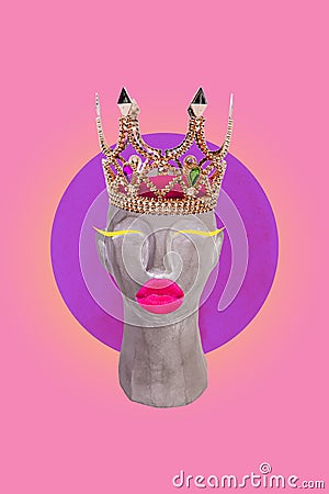 Vertical collage picture illustration queen bust head wear crown make up glamour lips kiss abstract artwork unusual Cartoon Illustration