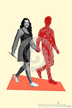 Vertical collage picture image brochure two walking young soulmates man woman smiling valentine day celebrate lover Stock Photo