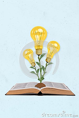 Vertical collage picture of open book growing light bulb plant isolated on creative drawing background Stock Photo