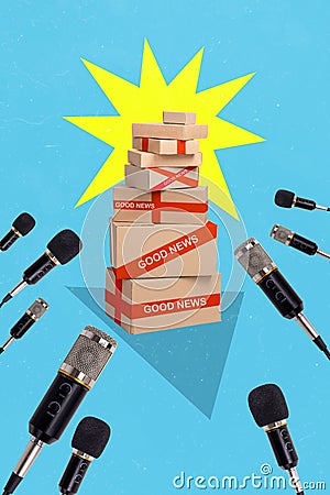 Vertical collage picture of pile stack good news carton boxes microphones interview isolated on creative background Stock Photo