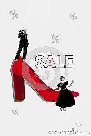 Vertical collage picture of two mini black white colors girls huge red high heel shoe special sale offer isolated on Stock Photo