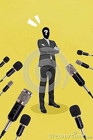 Vertical collage picture of unknown secret person folded arms journalists microphones isolated on yellow background Stock Photo