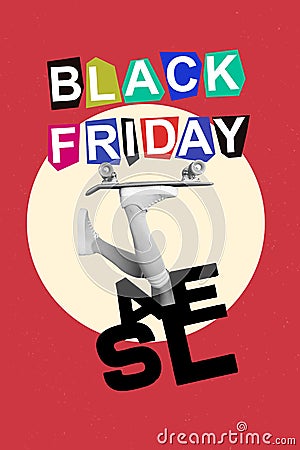 Vertical collage picture of upside down legs skateboard black white gamma black friday sale special offer isolated on Stock Photo