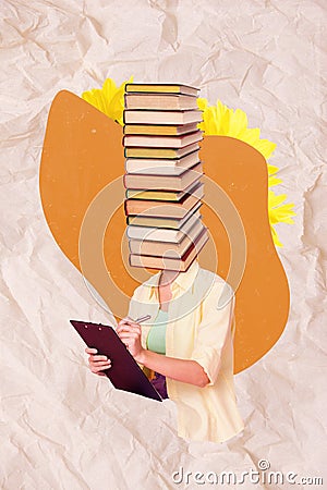 Vertical collage portrait of girl pile stack book instead head hold pen write clipboard on painted background Stock Photo