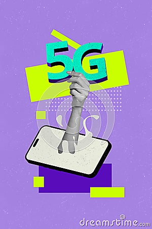 Vertical collage poster smartphone touchscreen hand hold 5g internet fast speed connection virtual digital network Stock Photo