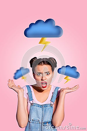 Vertical collage young irritated annoyed girl showing negative emotion reaction thunder clouds stormy weather lightning Stock Photo