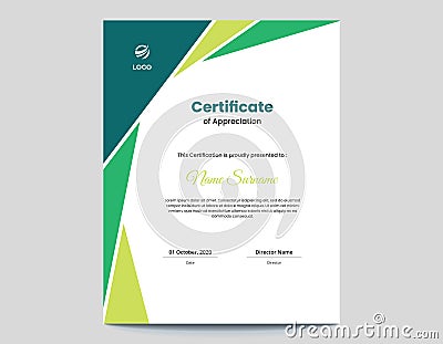 Vertical colored green geometric shapes certificate design Vector Illustration