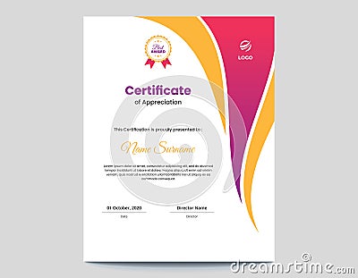 Vertical colored pink and orange waves certificate design Vector Illustration