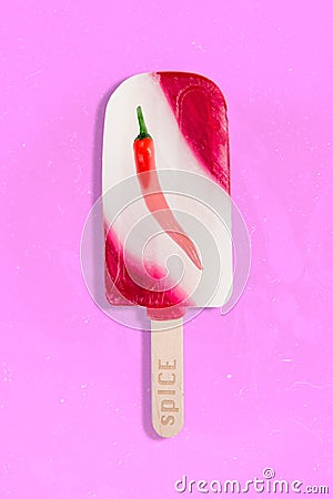 Vertical composite collage illustration of ice cream stick chili pepper inside new spice flavor isolated on creative Cartoon Illustration