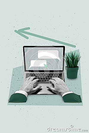 Vertical composite collage of netbook user business job text cursor click messenger laptop display email forum isolated Stock Photo